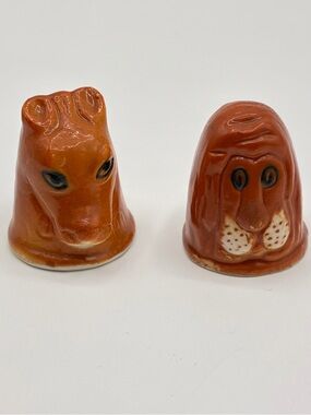 Vintage Animal Thimbles Horse Lion Ceramic Miniature Collectible Pair